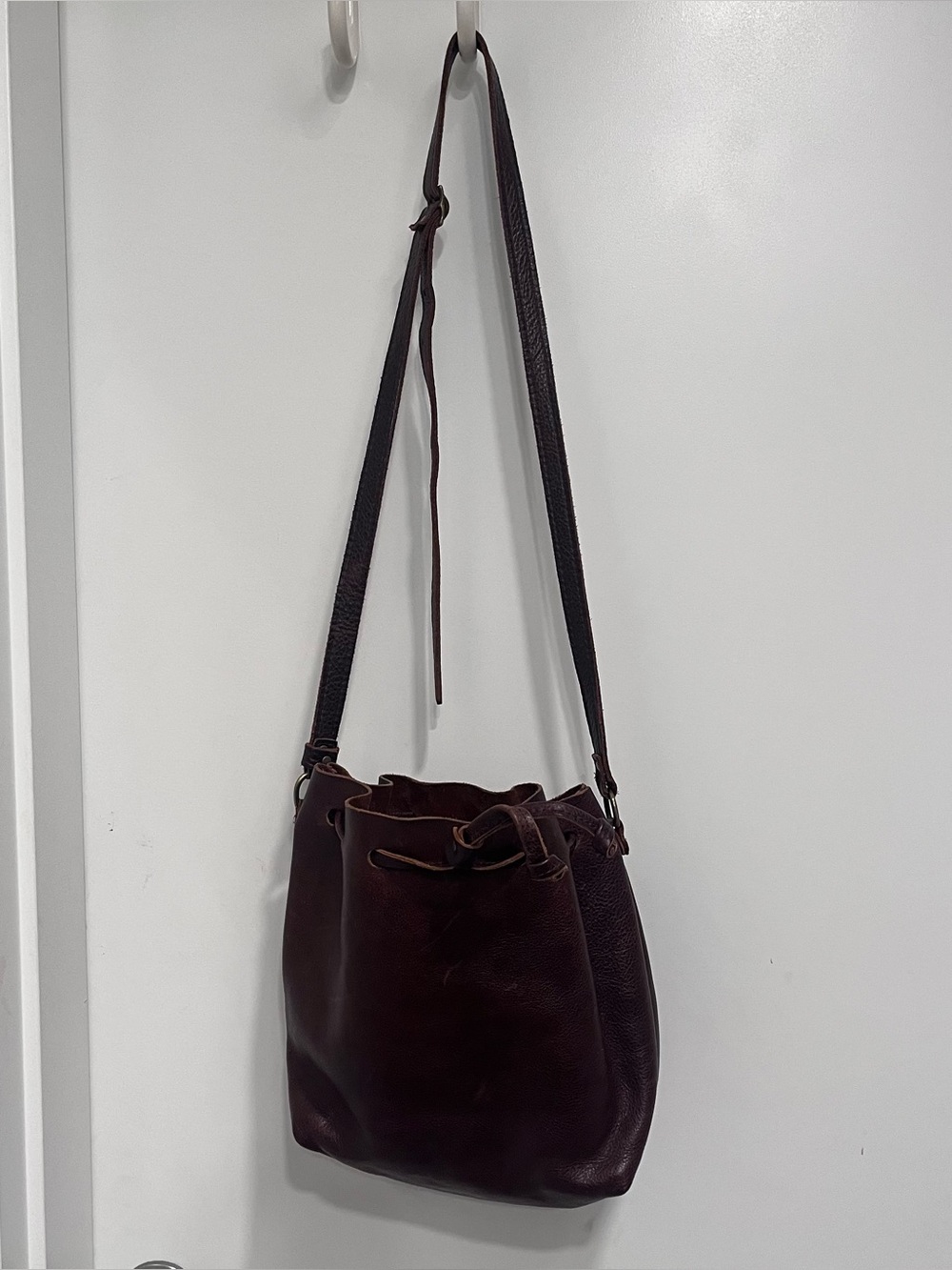 PORTLAND LEATHER GOODS Brown Handmade Purse Crossbody Drawstring Bucket Bag